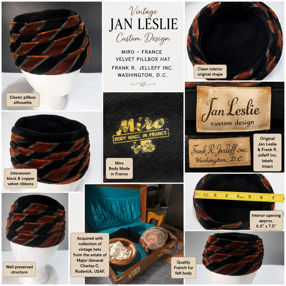 Vintage Jan Leslie Miro France Velvet Pillbox Hat Frank R Jelleff DC FABULOUS!